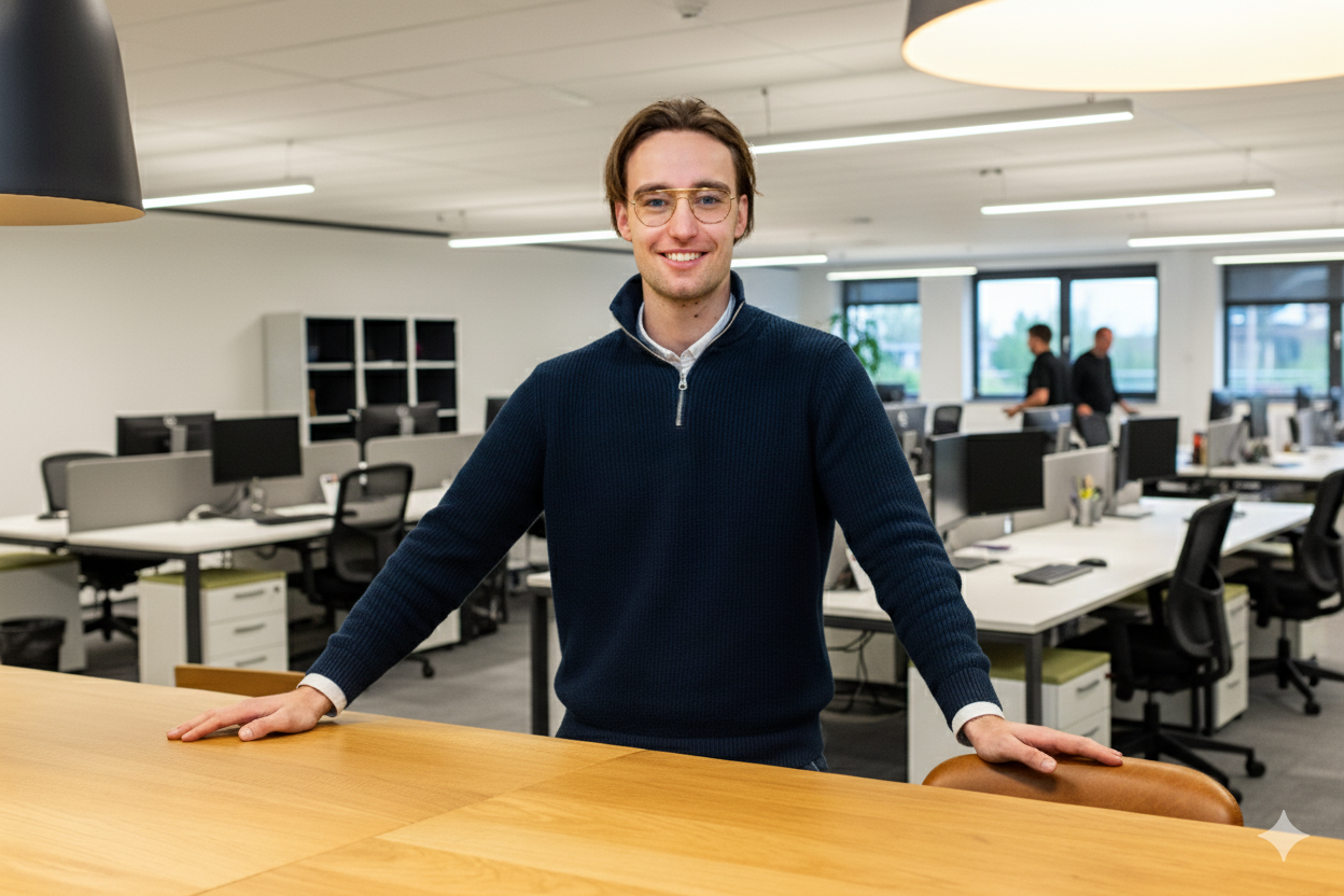 Jesse van Dopperen, oprichter van BouwCompliance, in het kantoor in Enschede